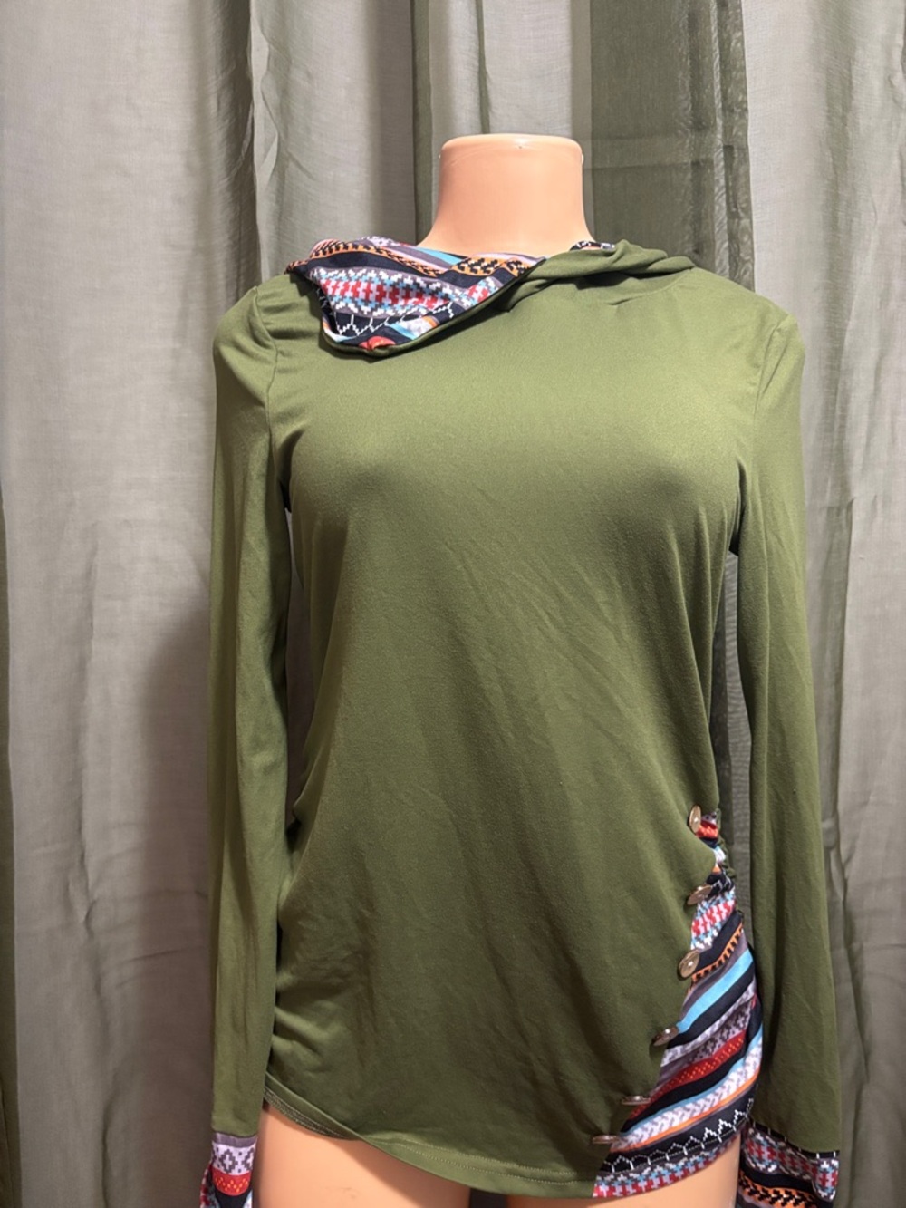 Women's Olive Green Hooded Long-Sleeve Top with Patterned Trim